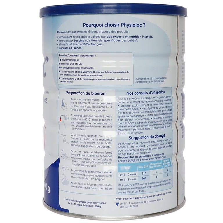 [Mẫu mới] Sữa Physiolac Pháp Số 2 900g (date mới)
