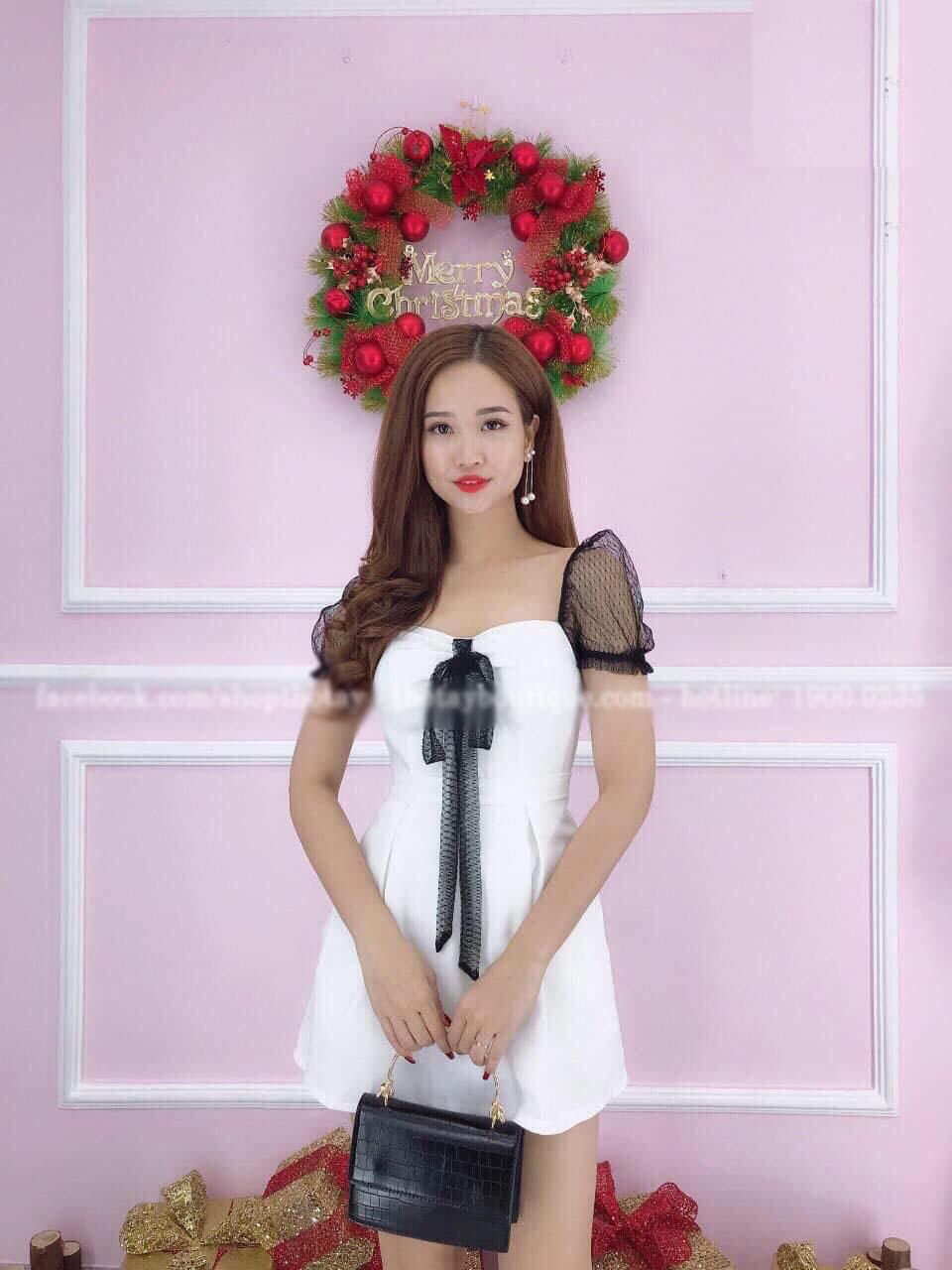 Đầm Xòe Nữ Thắt Nơ Cổ Áo Tay Phối Lưới Long Quân Fashion Lq Đ41