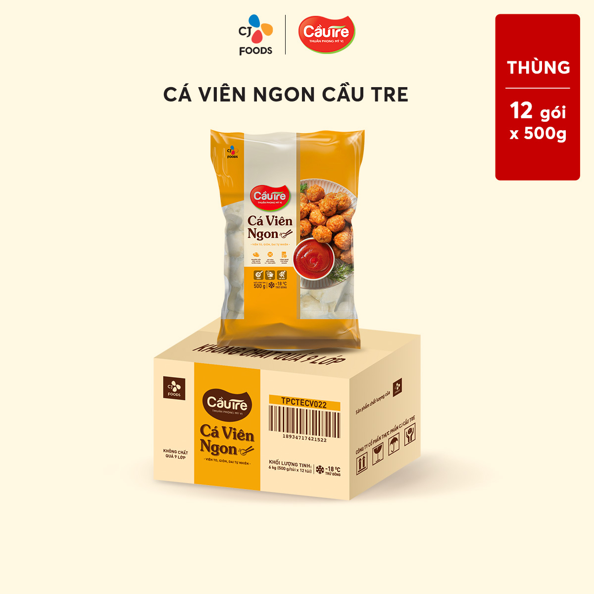 [Hỏa tốc] Thùng 12 gói Cá viên ngon Cầu Tre (500g x 12 gói)