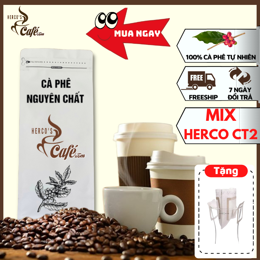 [FREE SHIP] 1KG Cà phê MIX HERCO CT2 (100% cà phê hạt rang xay mộc nguyên chất) xay dùng pha phin - cafe pha máy