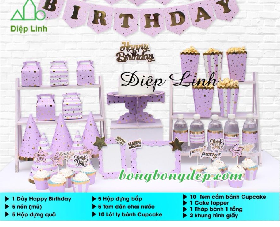 Set Mega Bàn Tiệc Trang Trí Sinh Nhật Dành Cho Bé Ép Kim