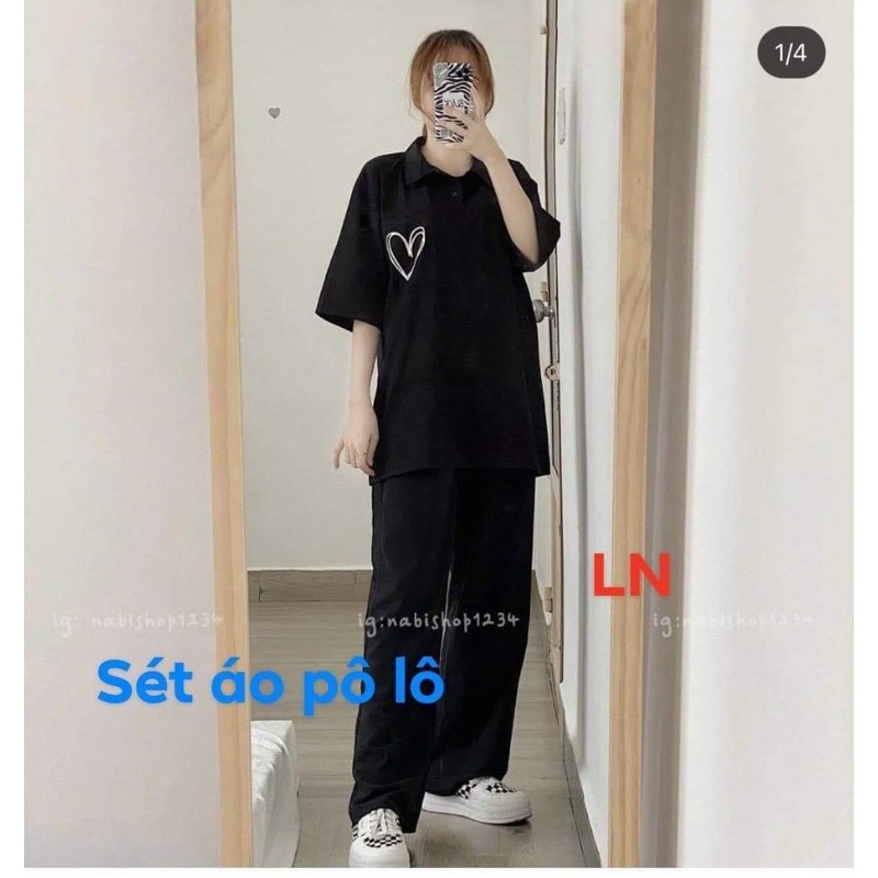 Sét áo polo tim lồng+quần ống rộng dài