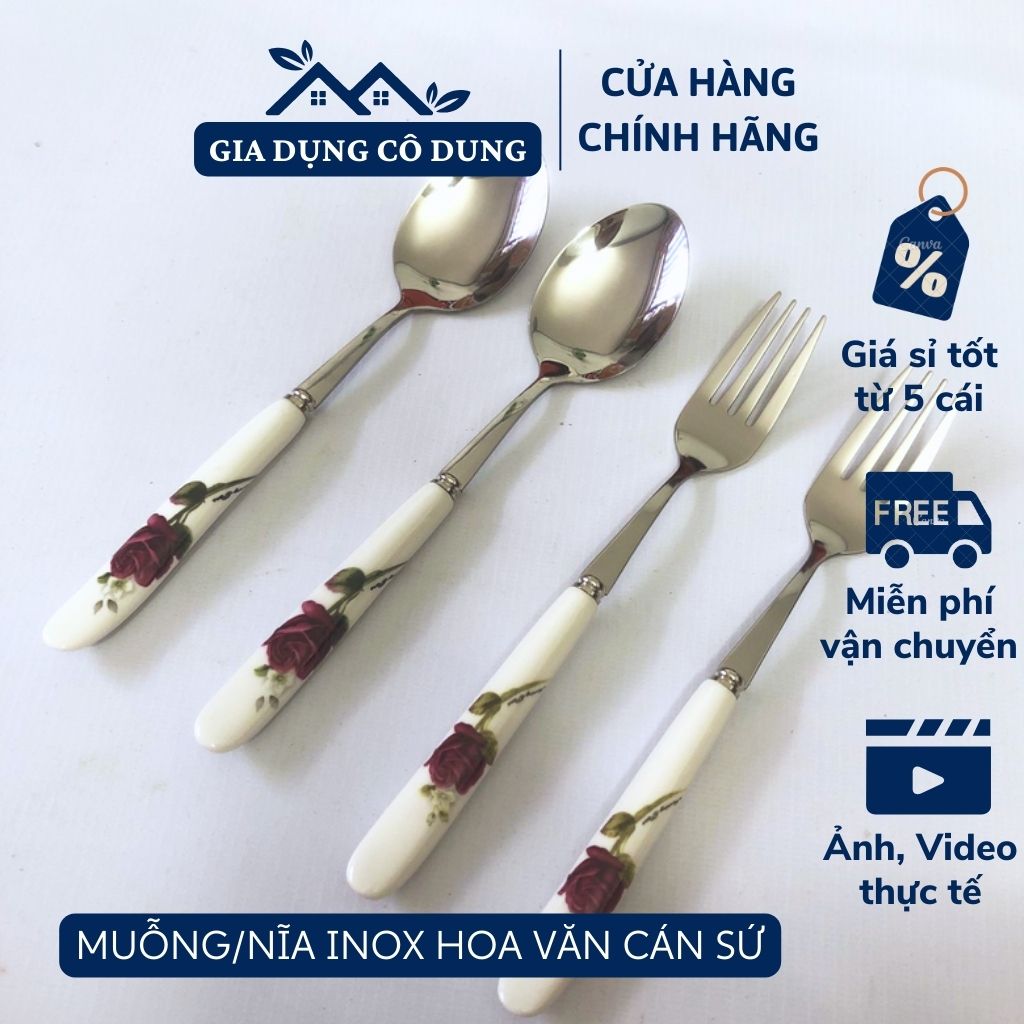 Muỗng/Thìa inox cán sứ in hoa văn