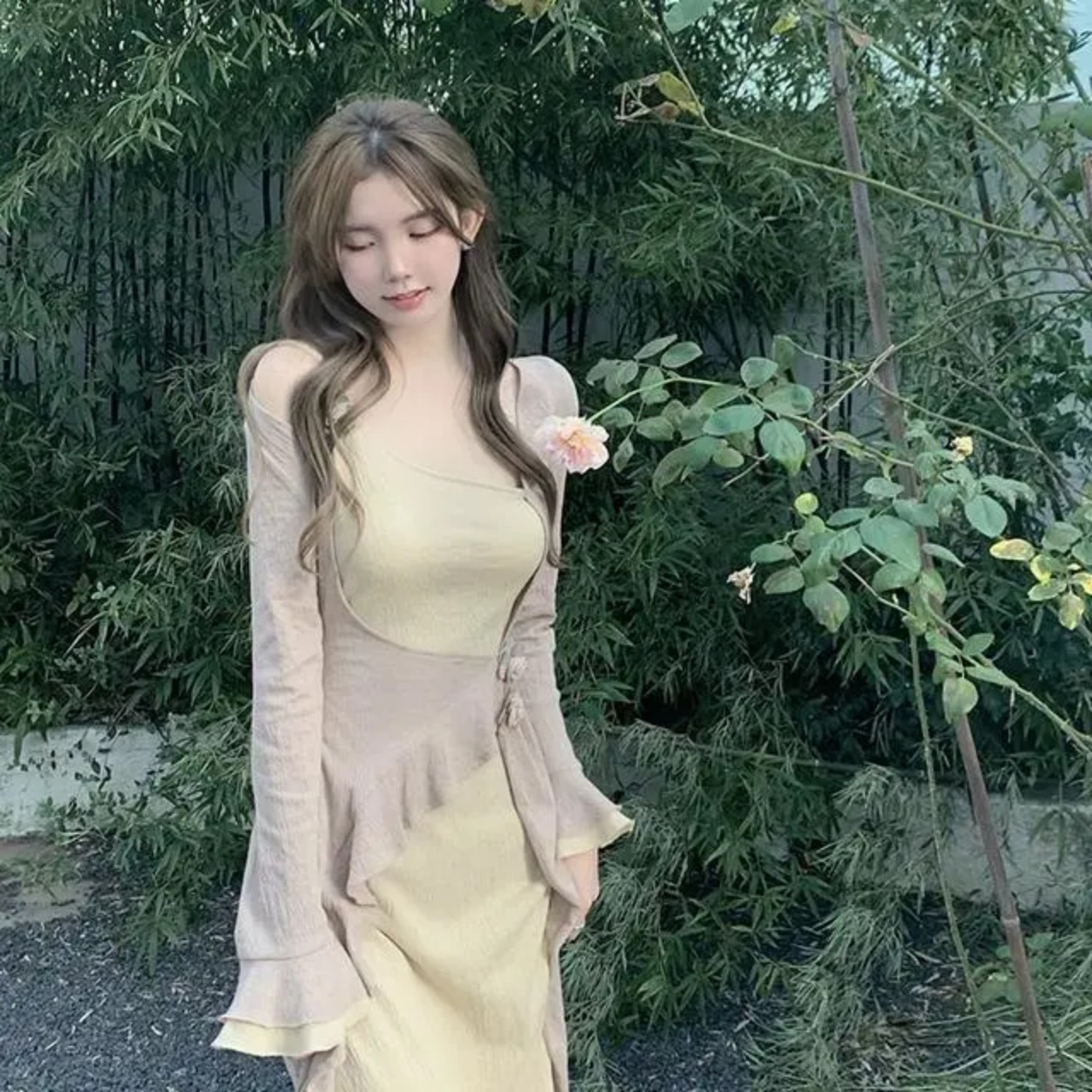 Đầm Dài Trễ Bên Vai Nữ Phong Cách Tiểu Thư