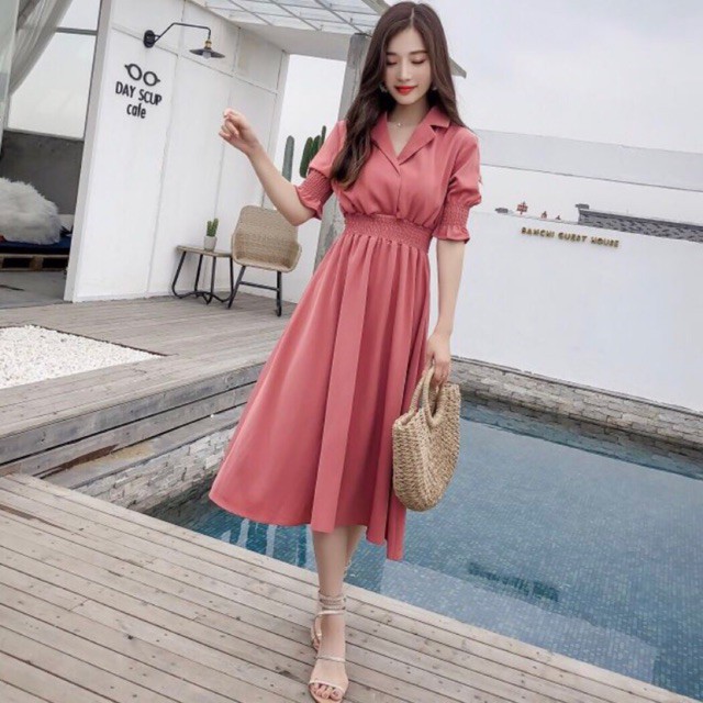 Đầm hồng ruốc thun eo