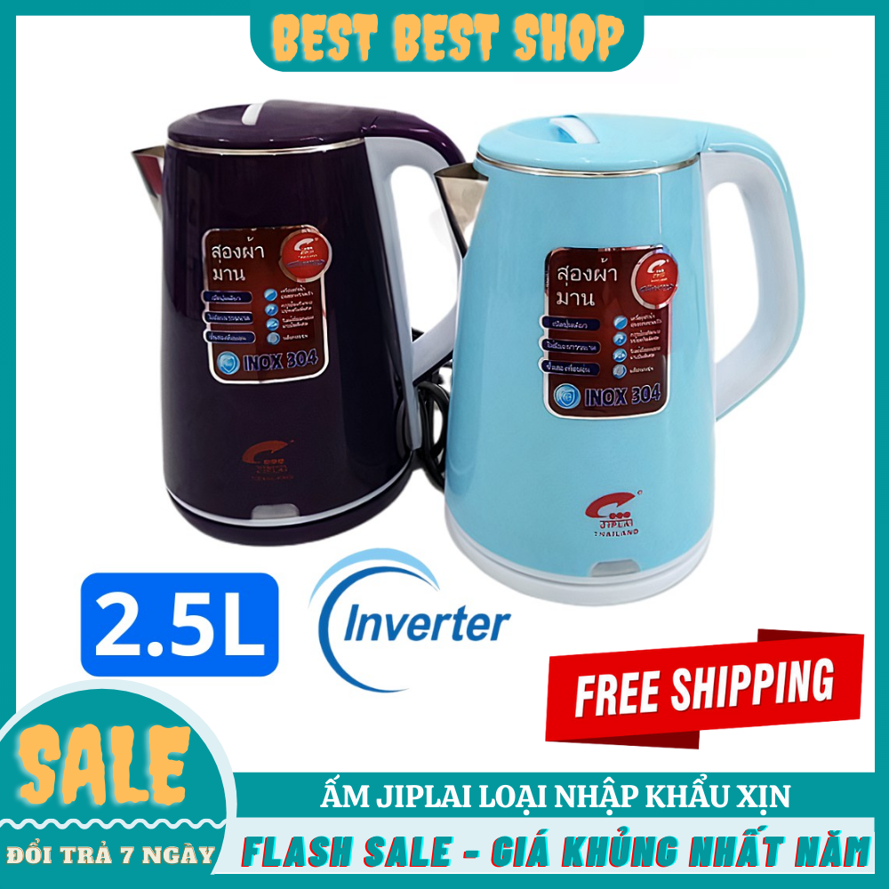 Ấm siêu tốc Jiplai 2.5L cách nhiệt, ấm đun nước siêu tốc thái lan, Bình đun nước siêu tốc 2 lớp loại mới,Bình đun nước siêu tốc 2.5L JIPLAI Thái Lan 2 lớp inox và nhựa cách nhiệt an toàn