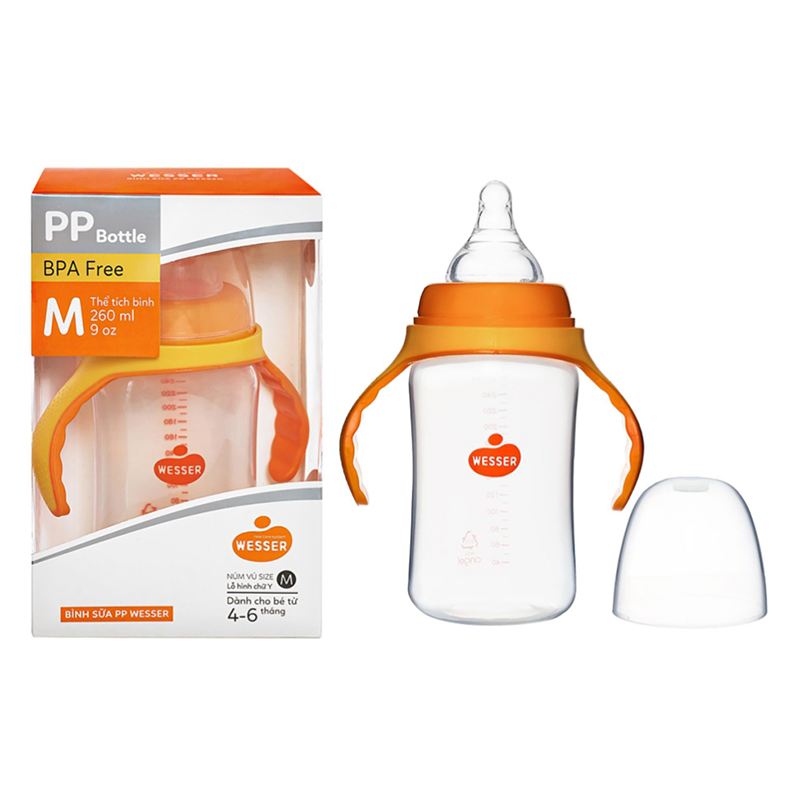 Bình sữa cổ rộng có tay cầm tặng kèm núm ti Wesser 180ml / 260ml