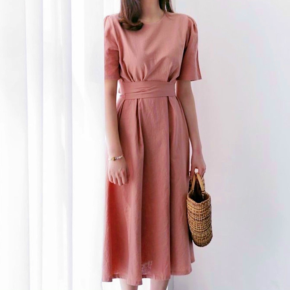 Đầm cổ tròn thắt nơ 2 màu