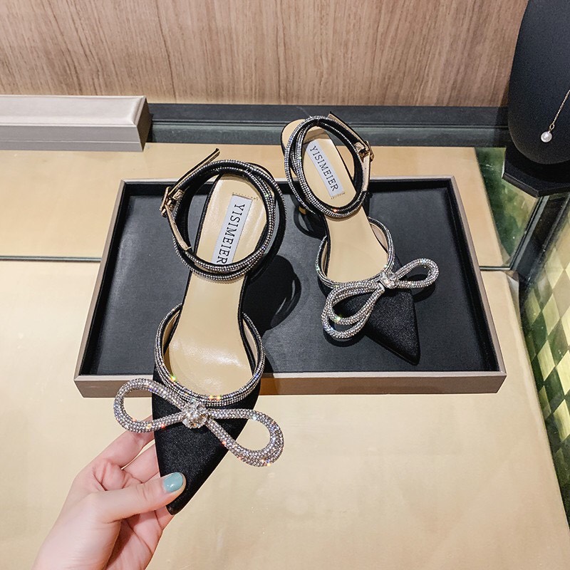 Giày Sandal LHMTC52 Mũi Nhọn Gót Nhọn Cao 5P Đính Nơ Đá Xinh Xắn Dành Cho Nữ