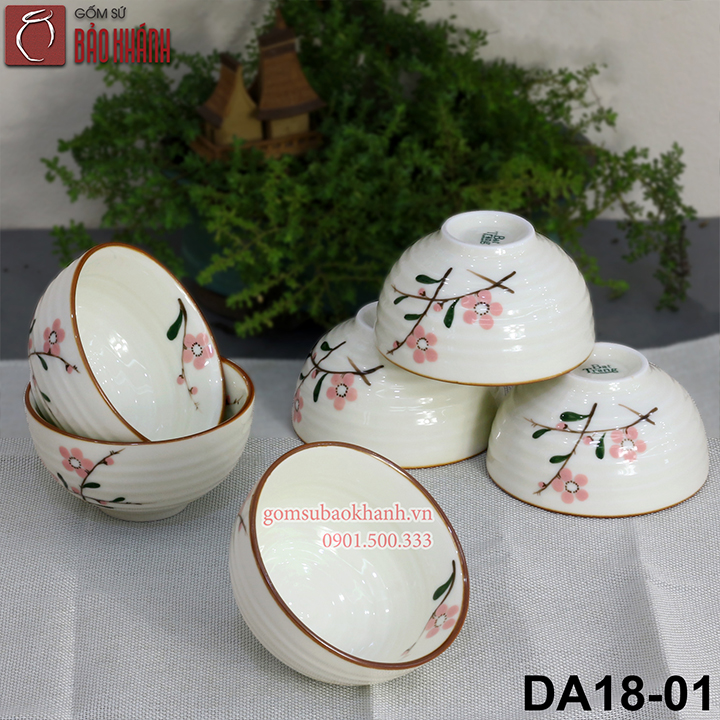 Bát ăn cơm men kem vẽ hoa đào - bộ bát cơm, chén cơm, chén ăn cơm cao cấp