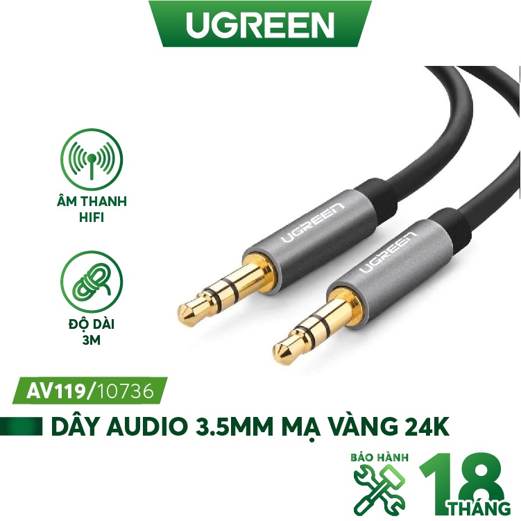 Cáp audio 3.5mm dây tròn 3m ugreen 10736 mạ vàng 24k chính hãng