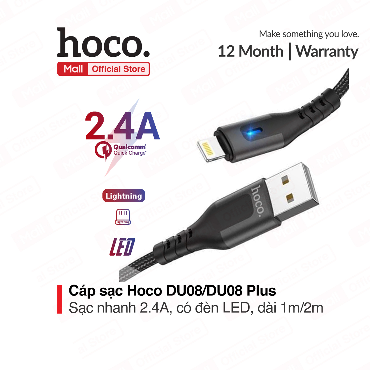 Cáp sạc Hoco DU08/DU08 Plus USB to Lightning sạc nhanh 2.4A dây bọc dù chống đứt có đèn LED dài 1m/2m