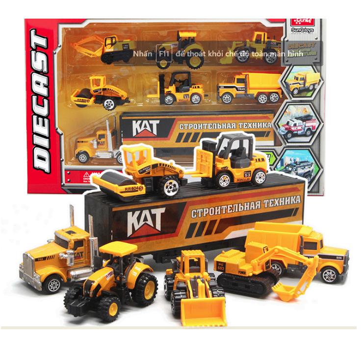 Đồ chơi trẻ em bộ 6 xe ô tô mini die cast bằng hợi kim và nhựa gồm xe cẩu xe tải và xe công trình các loại tỉ lệ 1:64