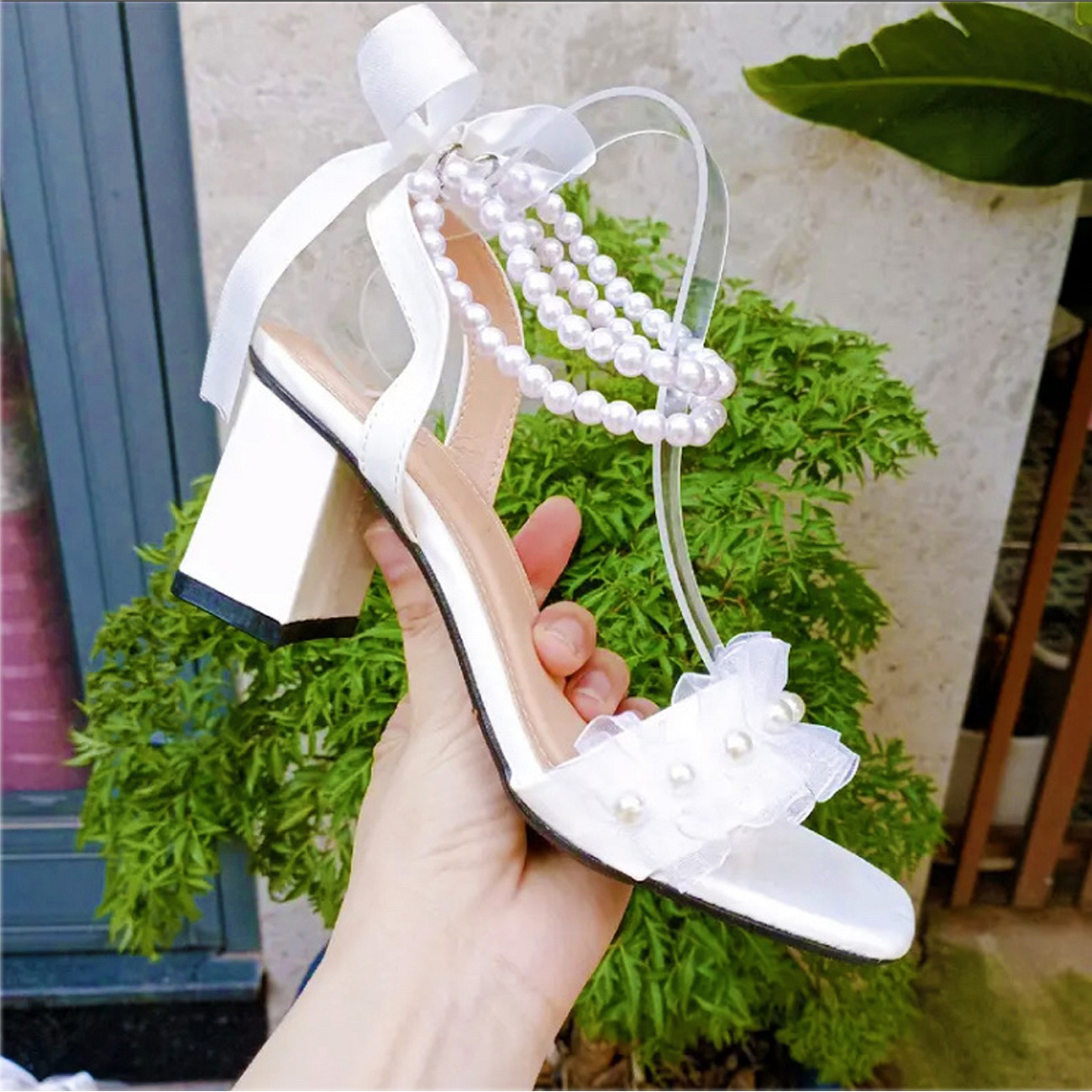 Giày cao gót nữ quai ngọc gót vuông 7 phân TRẮNG