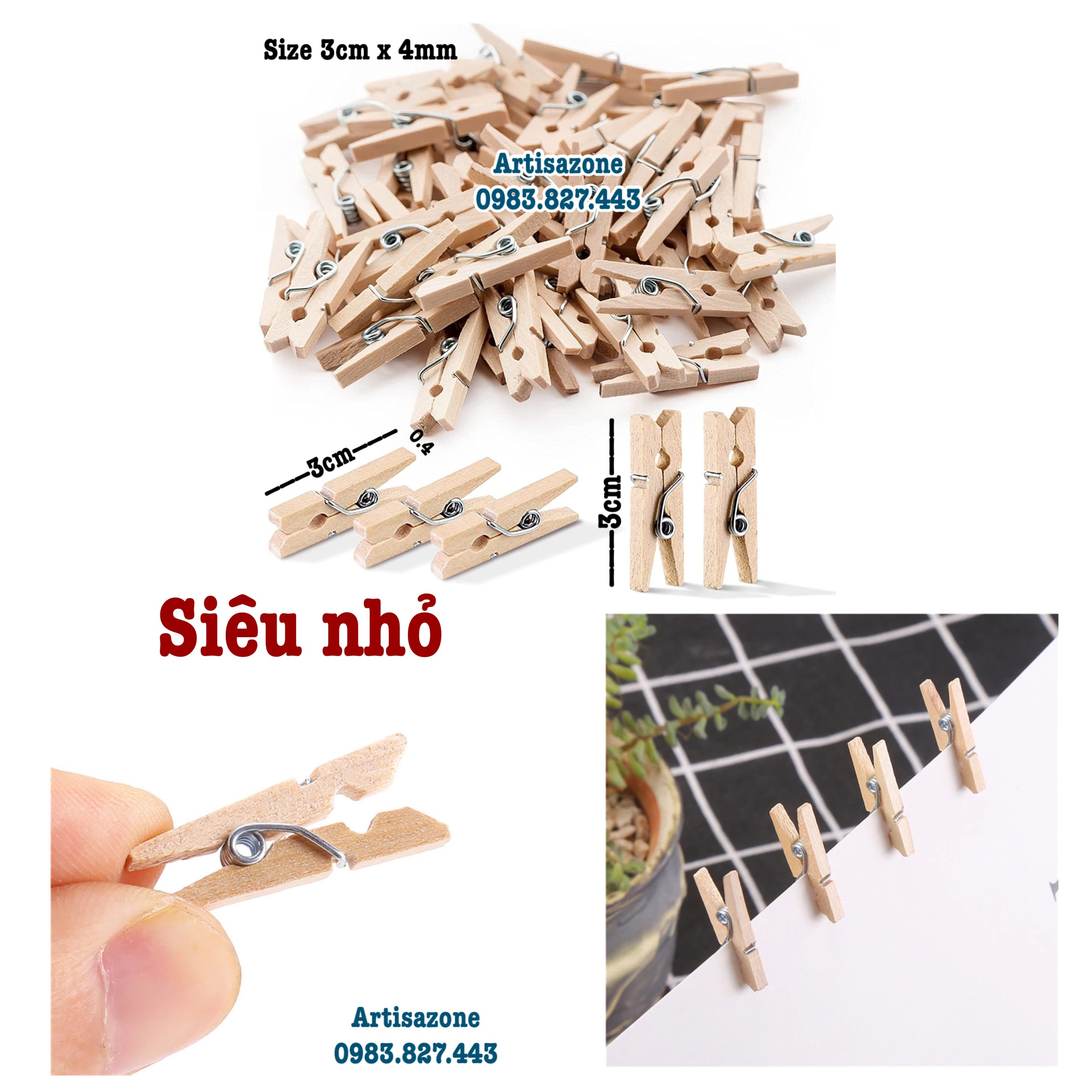 Kẹp gỗ trơn siêu nhỏ (Kích thước: 3cm x 4mm) - Túi 50 chiếc (Đọc kỹ mô tả săn phẩm)