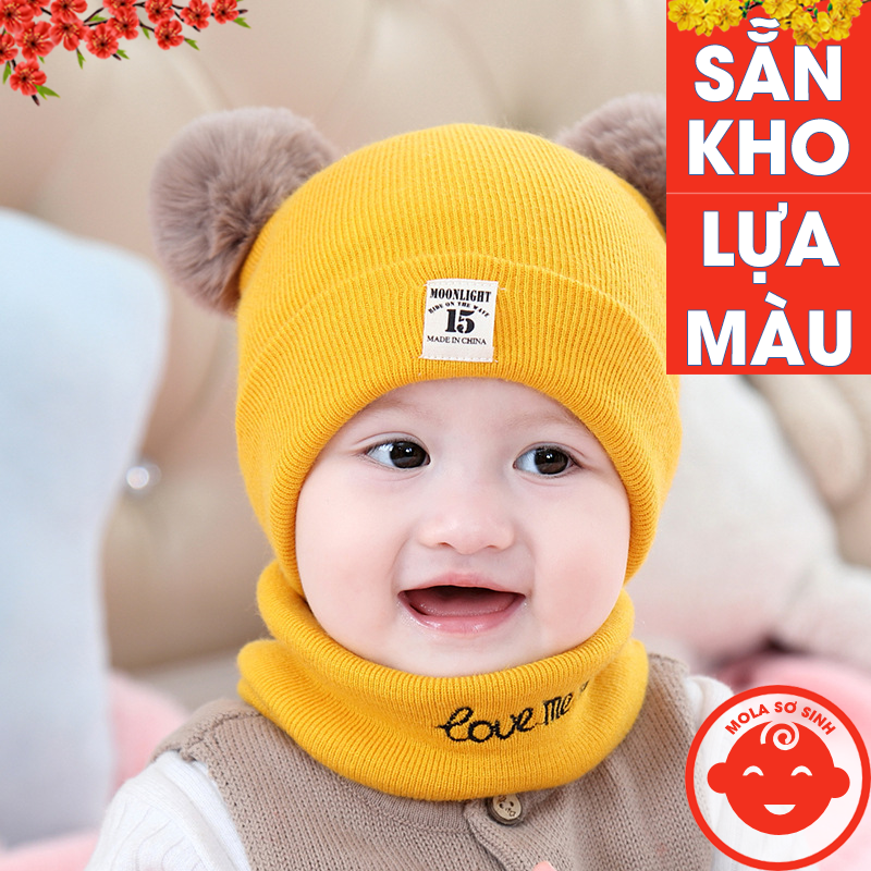 Mũ len 2 quả bông KÈM KHĂN cho bé