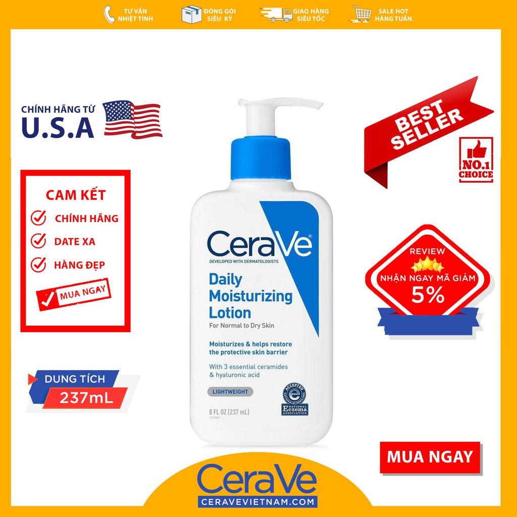 [HCM]CeraVe Daily Moisturizing Lotion - Kem dưỡng ẩm làm mềm da (237mL)
