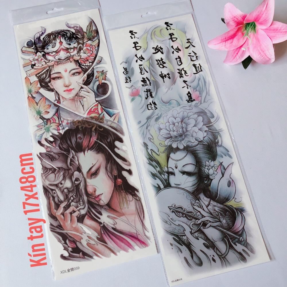 [HCM]Combo 2 tấm hình xăm dán tattoo kín tay cô gái Nhật màu 17x48cm