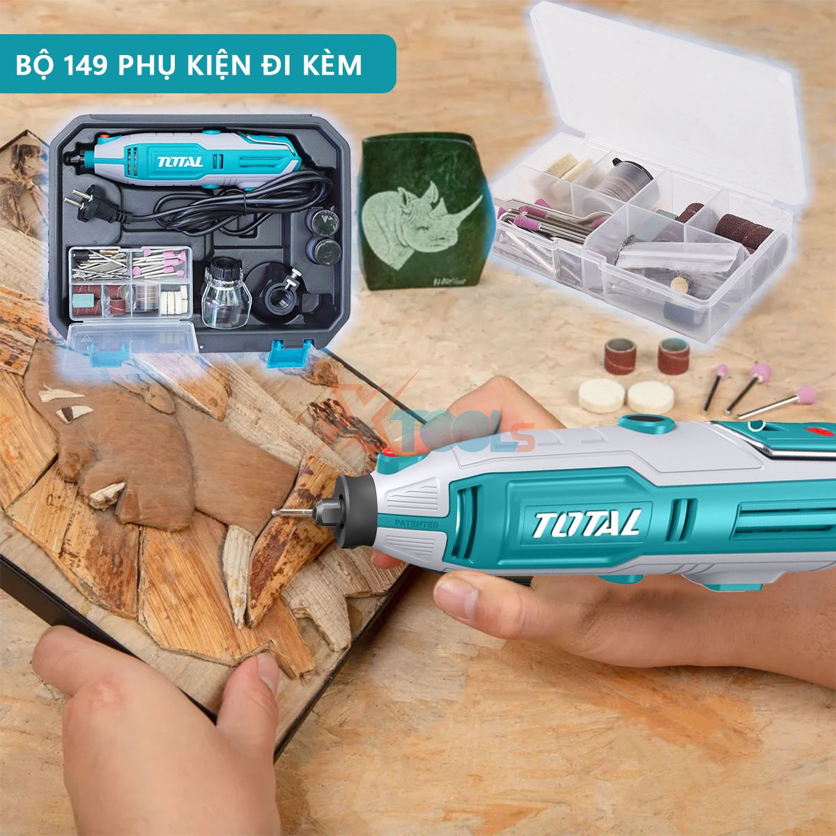 Máy mài khuôn cầm tay mini TOTAL 130-200W có chỉnh tốc. Bộ máy mài, khắc, khoan mini 2.3/3.2mm kèm 109-150 phụ kiện và dây nối XTOOLs