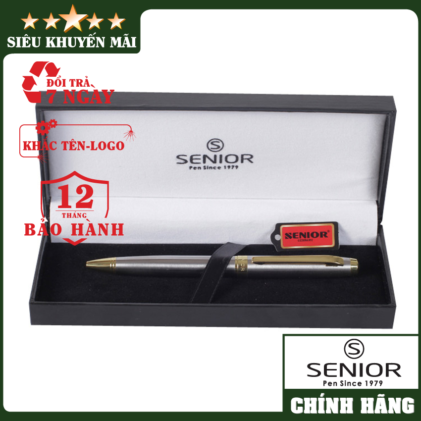Bút ký bi xoay cao cấp_Bút ký bi xoay Senior 502BGS_Bút ký bi xoay thân bạc cài vàng_Bút ký chính hãng_Bút ký khắc tên theo yêu cầu
