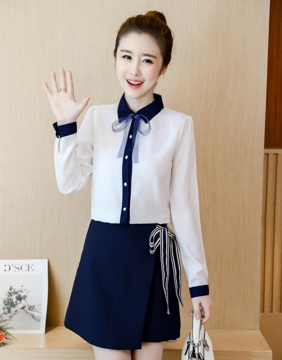 Áo sơ mi nữ viền xanh thắt nơ cao cấp