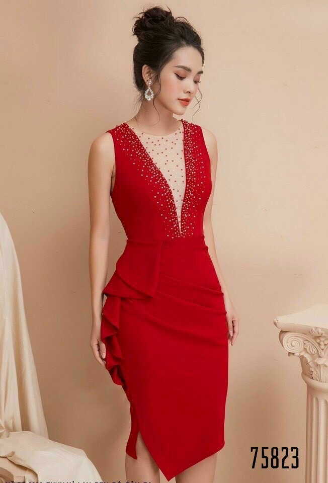 [HCM]Đầm body dự tiệc cổ V ép đá sang chảnh