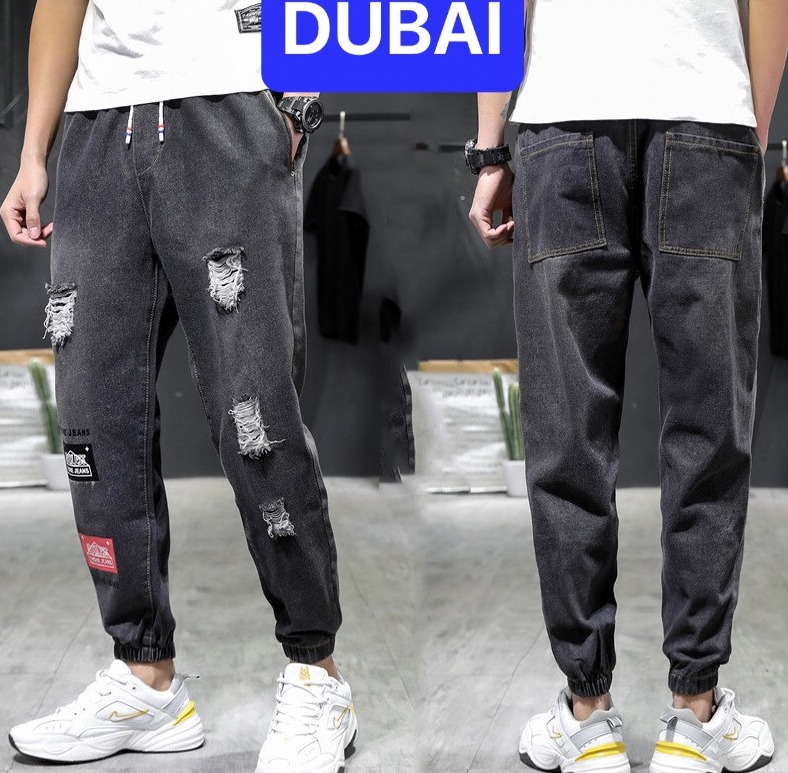 QUẦN JOGGER JEAN NAM CHẤT BÒ ỐNG RỘNG DÀI ĐEN RÁCH THÊU ỐNG TÚM THOÁNG MÁT, CHẤT LƯỢNG CAO, CO GIÃN NHẸ VIP DB-1019 - DUBAI FASHION