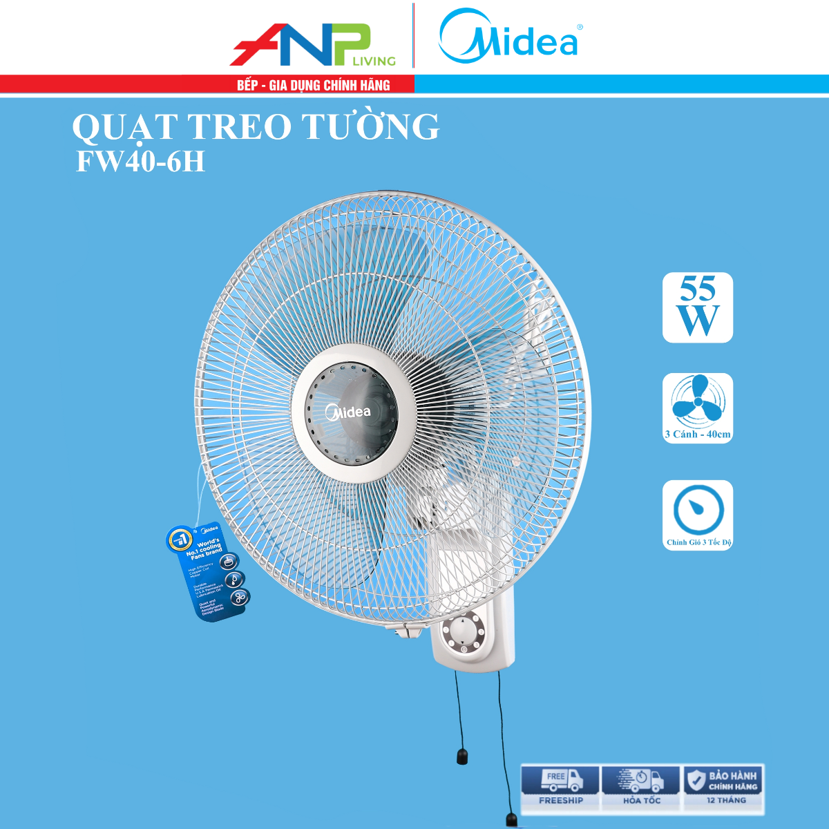 Quạt Treo Tường Midea FW40-6H (Công Suất 55W, 3 Cánh, Chỉnh Gió 3 Tốc Độ)