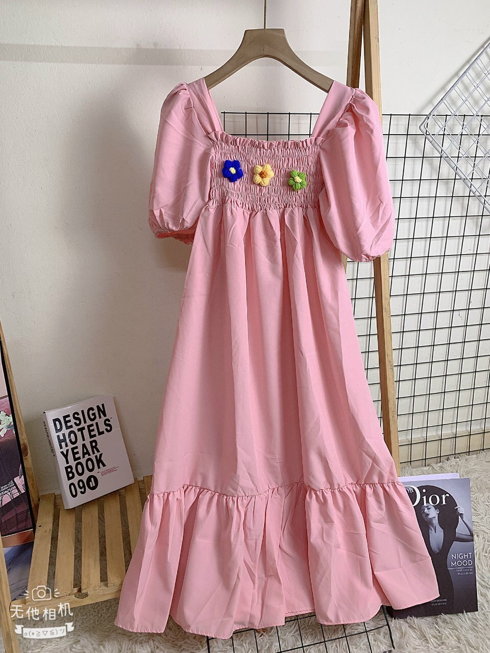 Đầm babydoll tay phồng dễ thương phối bông hoa, váy suông xòe đuôi cá, đầm cổ vuông bo cun ngực, đầm bầu