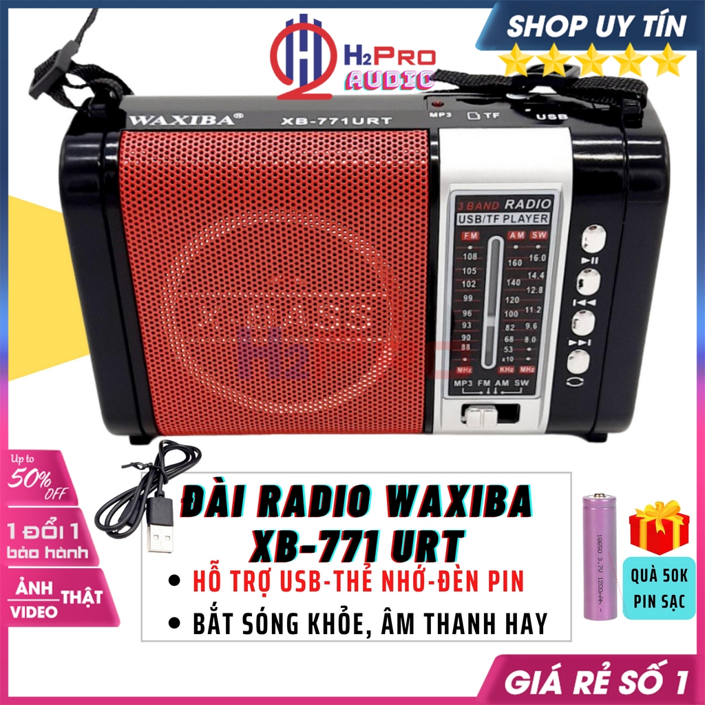 Máy Nghe Nhạc Kiêm Đài Radio FM Waxiba 771Urt Fm-Am-Sw Pin Sạc, Có Hỗ Trợ Thẻ Nhớ và USB, Đèn Pin LED - H2Pro Tech