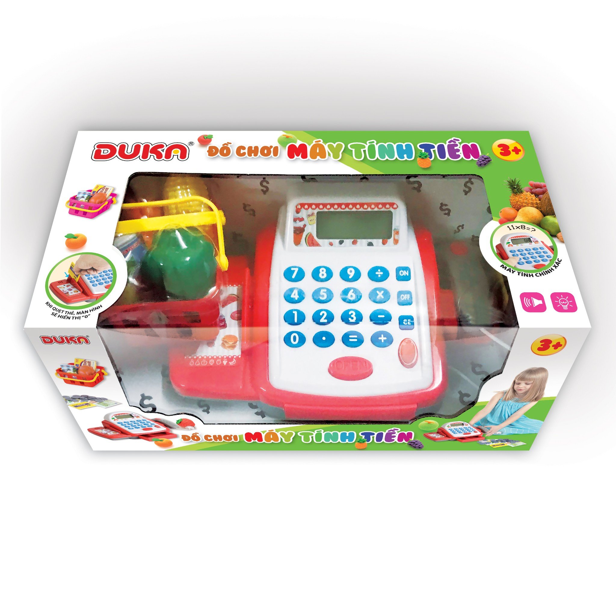 Bộ đồ chơi máy tính tiền màu đỏ, hiển thị màn hình, có đèn và âm thanh báo.