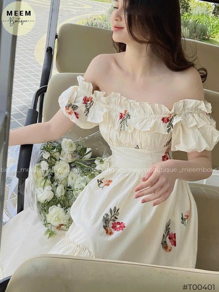 đầm dáng dài dự tiệc trễ vai, ( có mút) chất lụa hoa siêu xinh