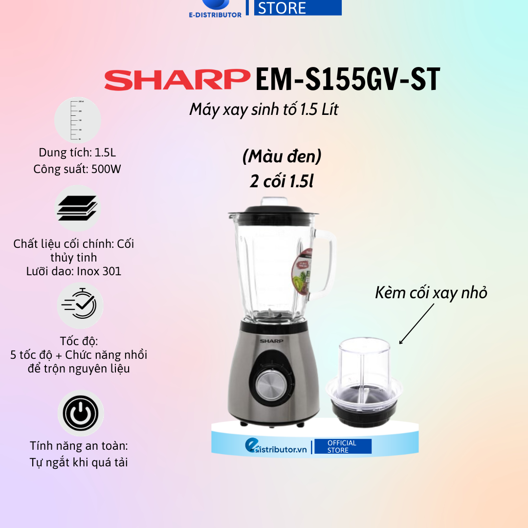 Máy xay sinh tố sharp em-s155gv-st/em-s154pv-wh - hàng chính hãng