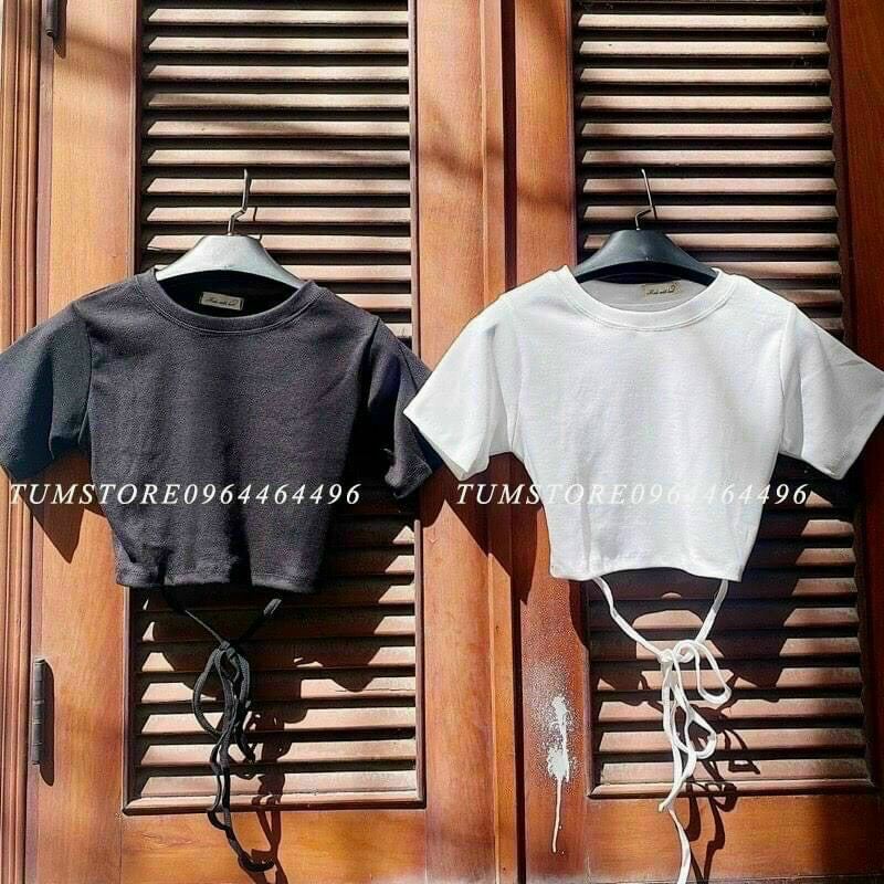 Áo croptop gân tay ngắn đan dây bụng