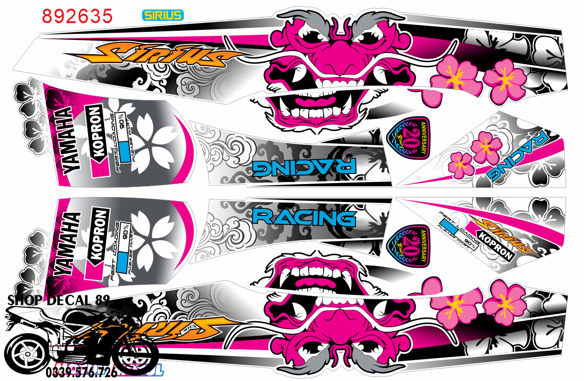 Tem Sirius Trắng Hồng Mặt Quỷ MS 892635 - Dán xe Sirius 50cc và 100cc - Tem Chế Sirius 3 Lớp