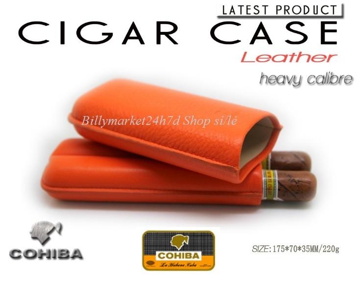 Bao da đựng 2 điếu C.i.g.a.r (xì-gà) của hãng C.o.h.i.b.a (màu Cam)