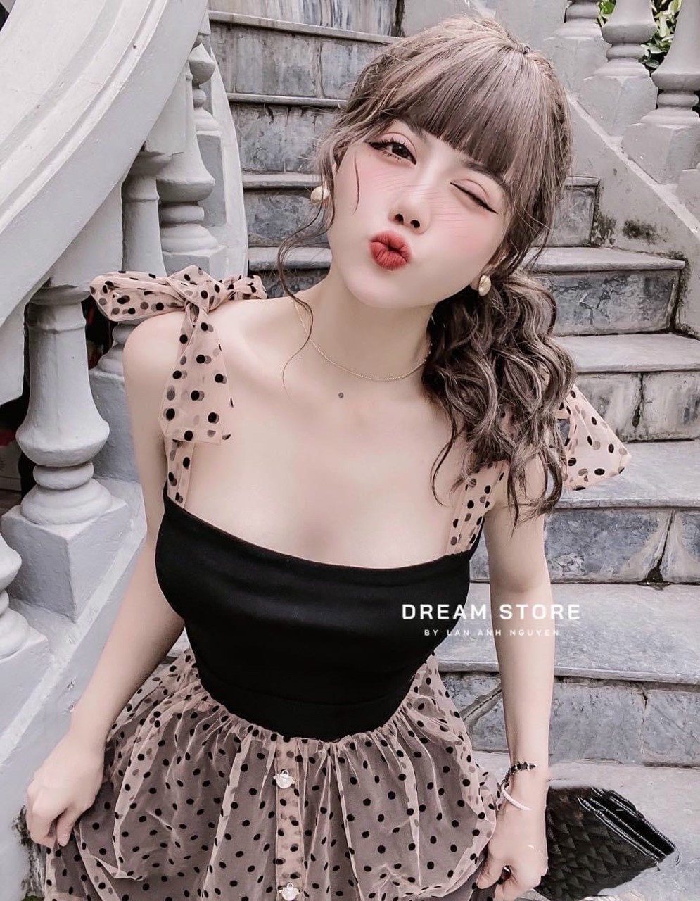 [ Hàng mới] Đầm Váy Nữ lưới chấm bi hai dây siêu xinh