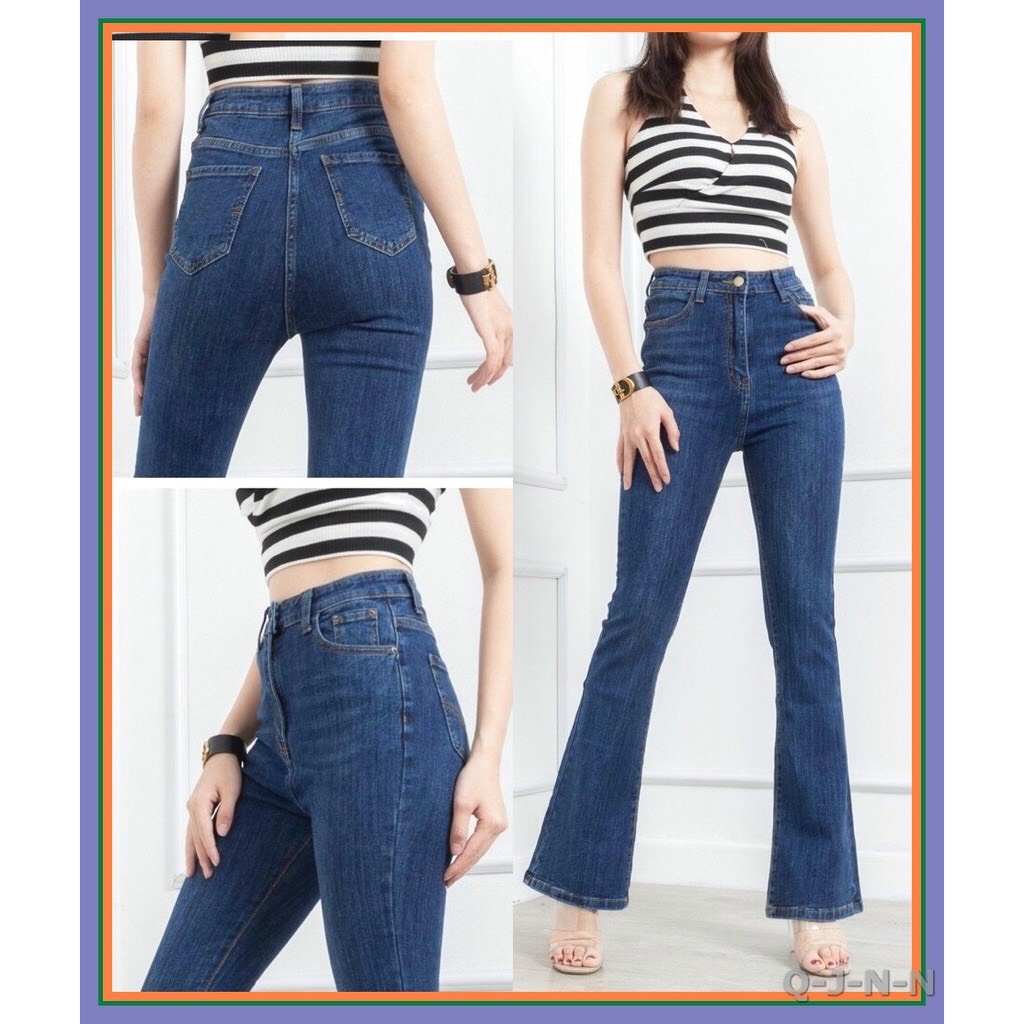 Quần jean nữ ống loe bass cao cấp chất bò xanh thêu co dãn mạnh lưng cao 2 nút nâng mông phong cách thời trang thuydieushop97 k105