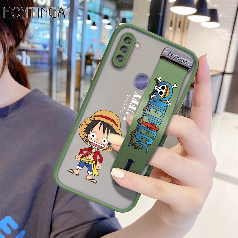 (With Wristband) Hontinga Casing Case For Samsung Galaxy A11 M11 Case Shockproof Frosted Cartoon Anime Case Luffy Transparent Phone Casing Full Back Cover Lens Camera Protector Cases Hard Case For Boys Girls