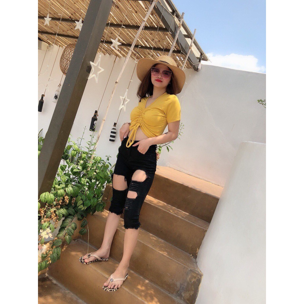 [HCM][HÌNH THẬT] ÁO THUN CROPTOP ÔM BODY RÚT DÂY TRƠN BASIC 43
