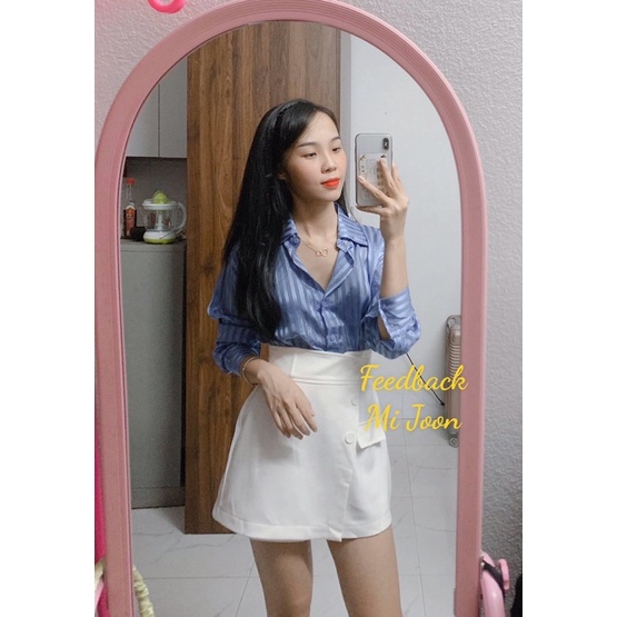 [ MI JOON ] Set áo sơ mi sọc tay dài quần lưng cao cá tính