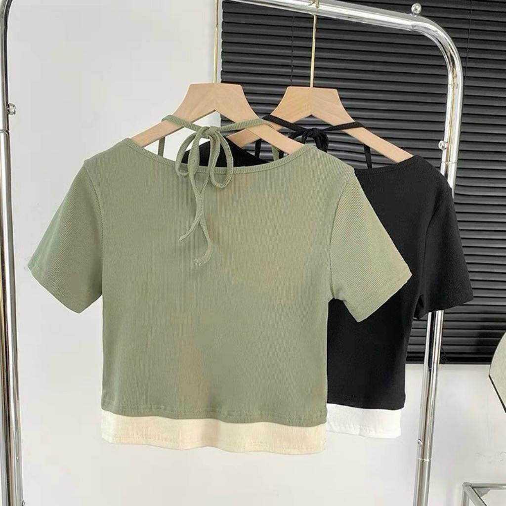 Áo croptop gân tay ngắn giả yếm