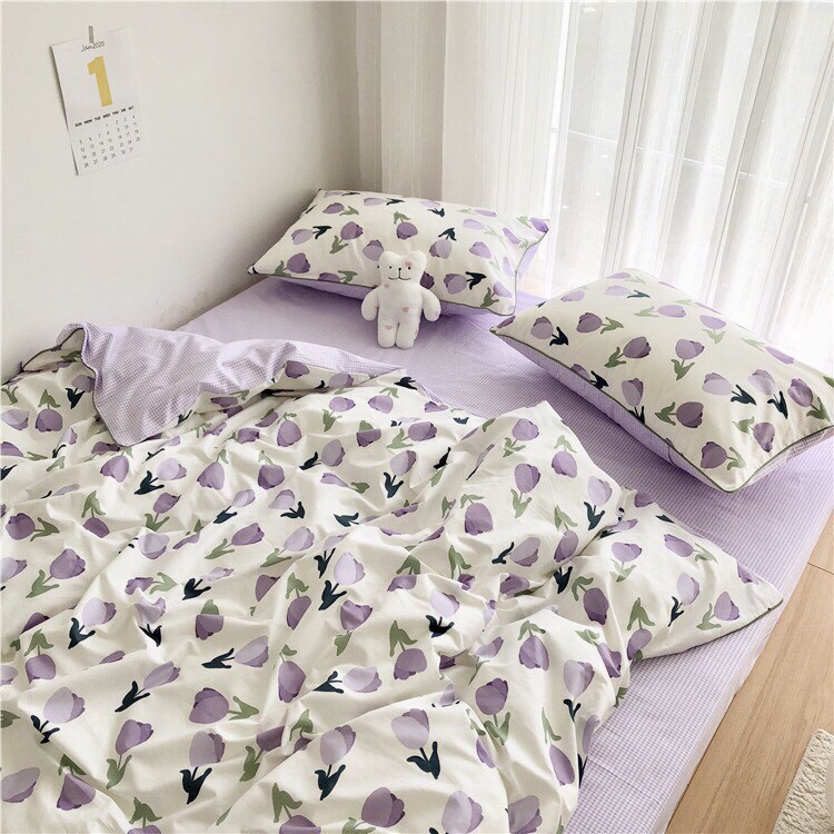 Chăn ga gối Cotton 3D - Mẫu hoa tuylip tím