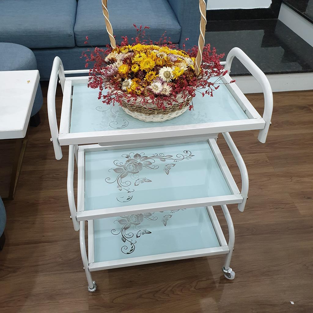 Xe Đẩy Spa 3 Tầng Mặt Kính Hoa Văn Có Khay