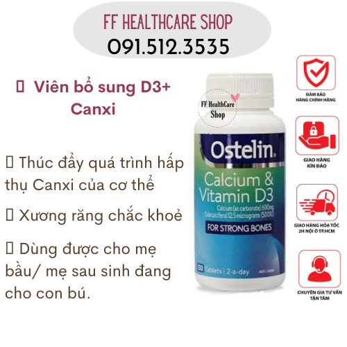 Viên uống bổ sung Vitamin D và Calcium Ostelin 130 Viên Cho Người Lớn, Bà Bầu Chính Hãng Úc