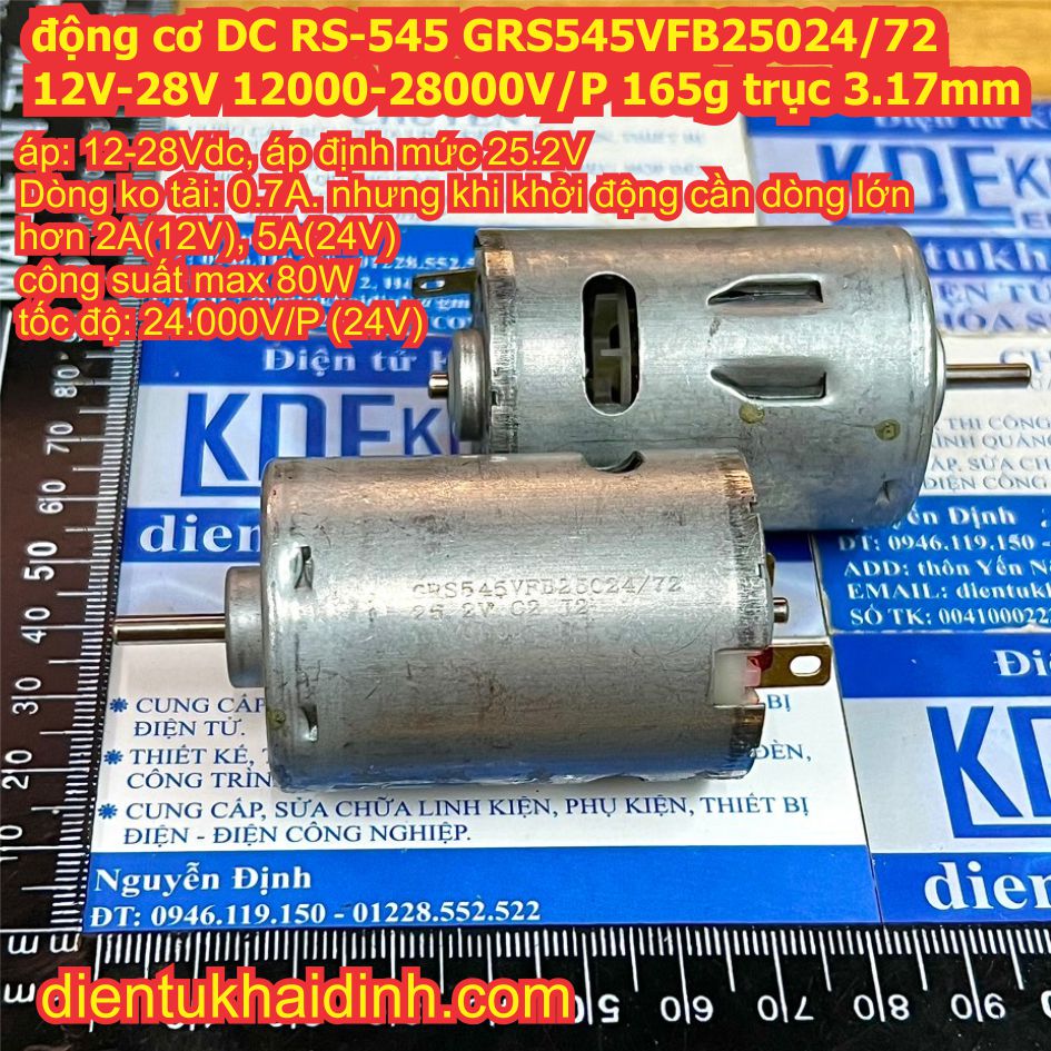 Động cơ dc rs-545 grs545vfb25024/72 24v 12v-28vdc 12000-28000v/p 165g trục 3.17mm ổ bi 2 đầu kde6737