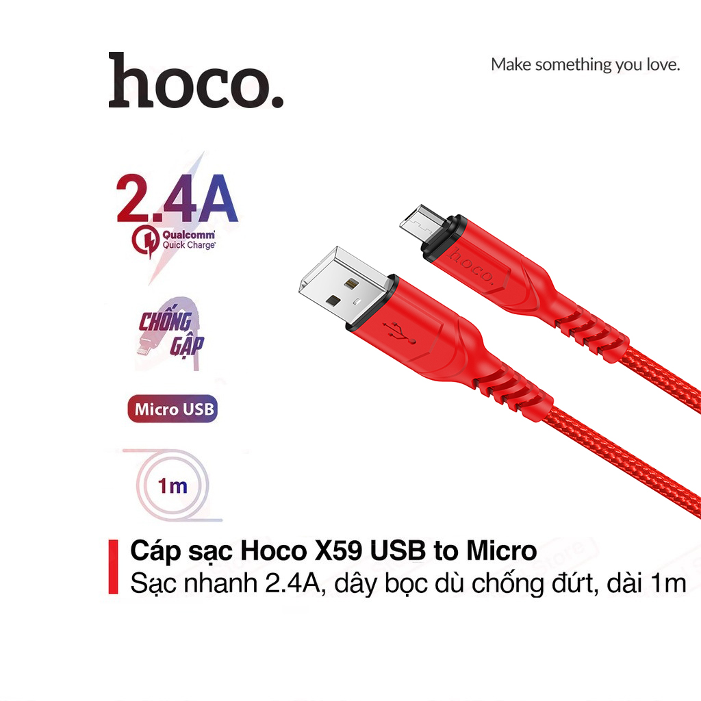 Cáp sạc Hoco X59 Micro dây Nylon siêu bền hỗ trợ sạc nhanh 2.4A cho Android dài 1M