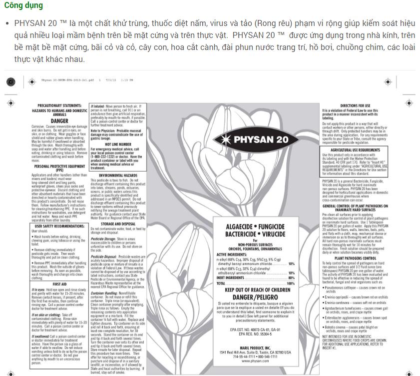 Physan 20 Nhập Mỹ 480ml Siêu diệt khuẩn