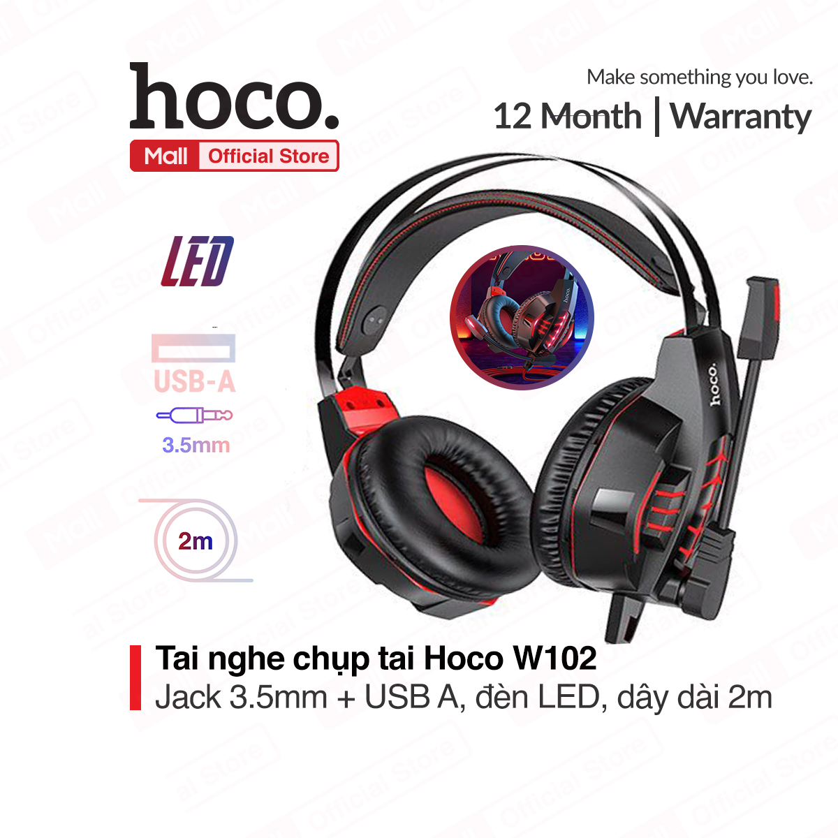 Tai nghe chụp tai Hoco W102 có mic đàm thoại, tích hợp 2 cổng cắm 3.5mm+USB-A, có đèn LED, mút đệm êm tai, chống ồn, dây dài 2m