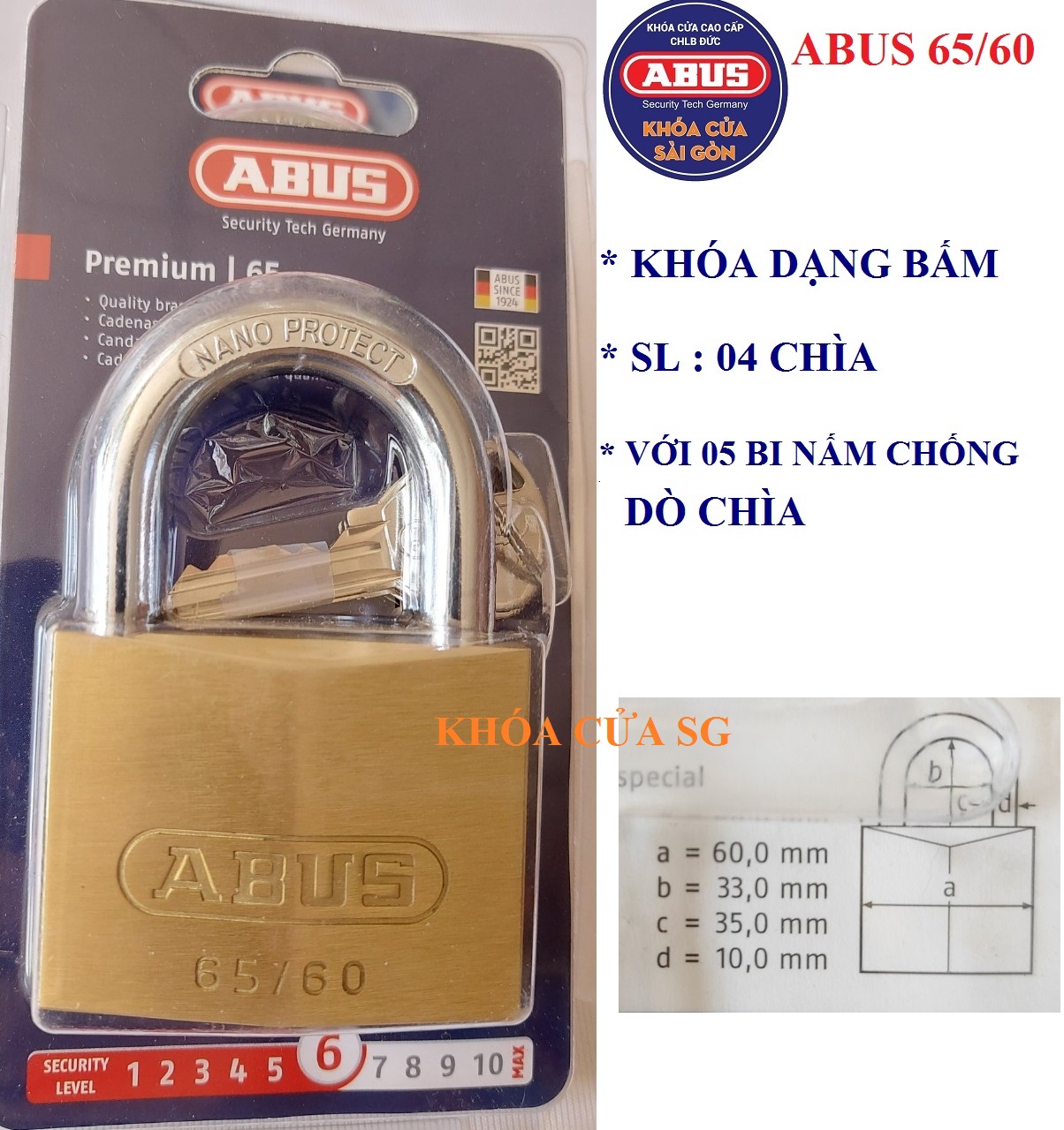 [Hỏa tốc HCM] Khóa treo Đồng BẤM ABUS 65/60 - BH 5 năm